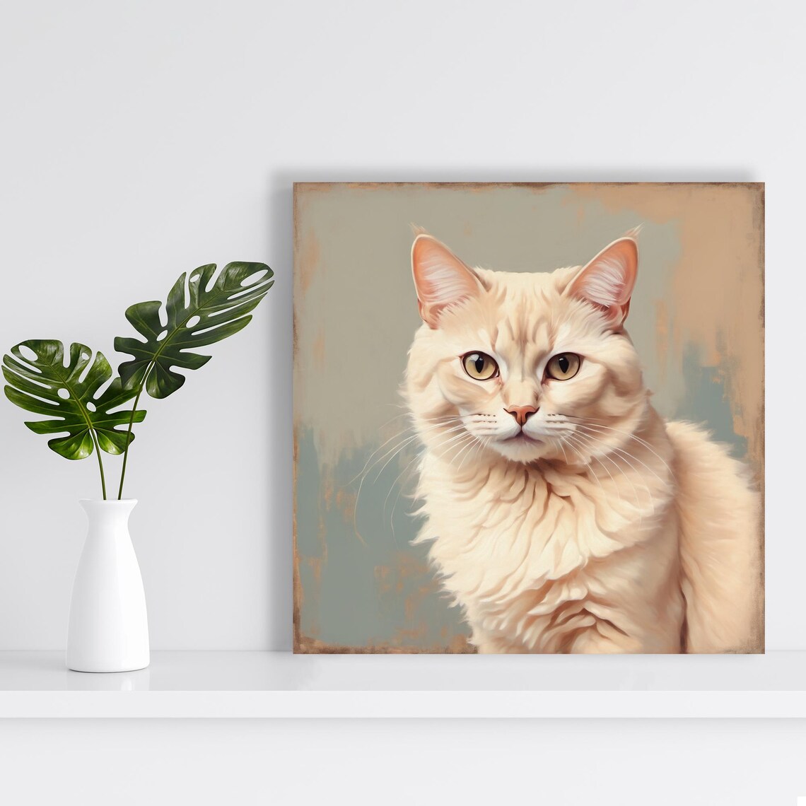 Cream Cat Portrait Golden Eyes Painterly Realism Soft Muted Wall Art Poster - Image 2