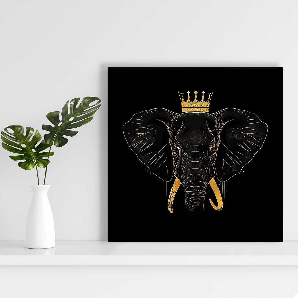 Regal Elephant Wearing Golden Crown Luxury Gold Line Art Poster - Image 2
