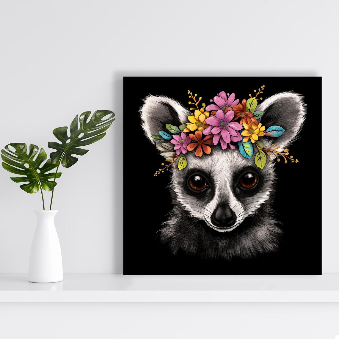 Lemur With Colorful Floral Crown On Black Background Art Poster - Image 2
