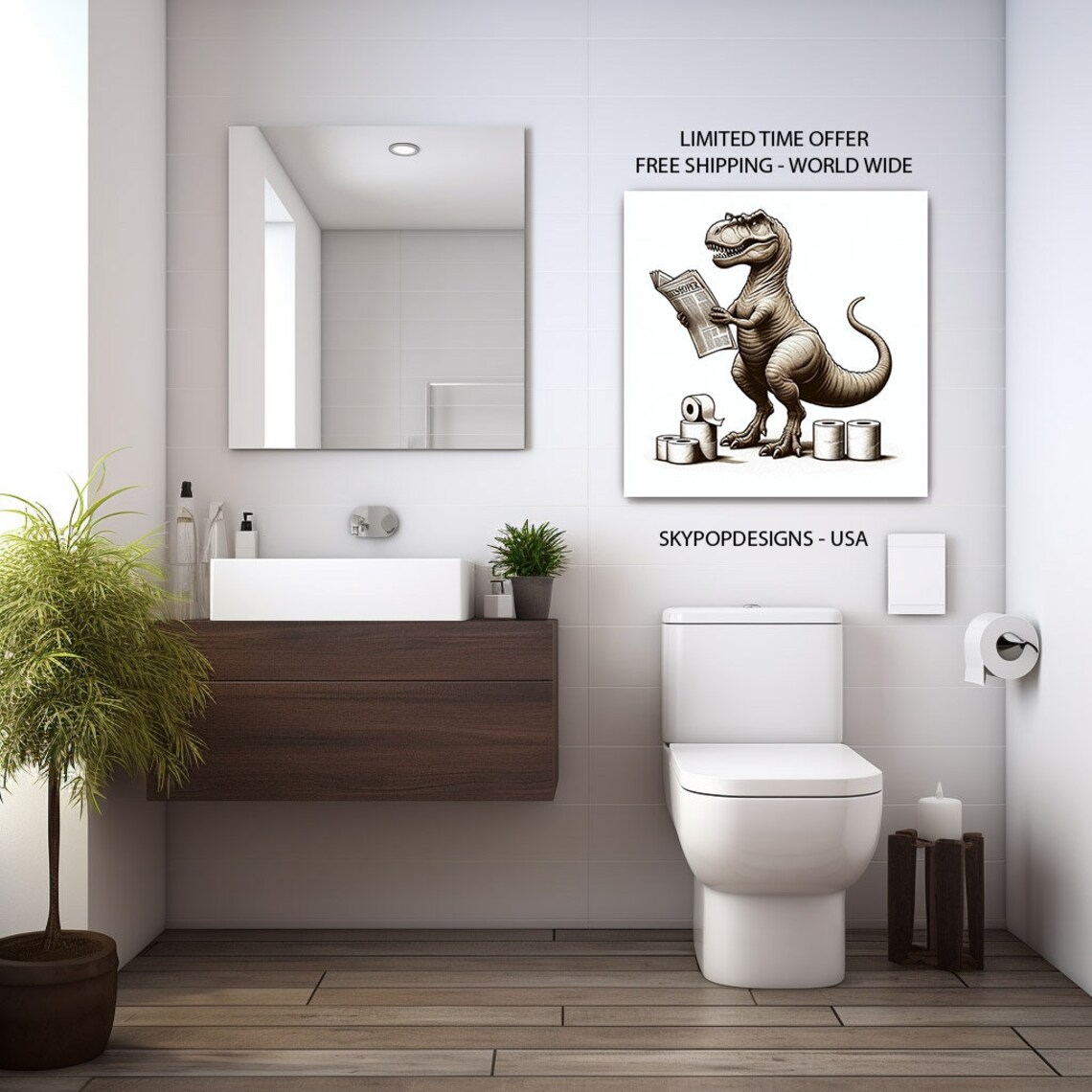 Dinosaur Bathroom Decor, Funny Animal Wall Art Print - Image 4
