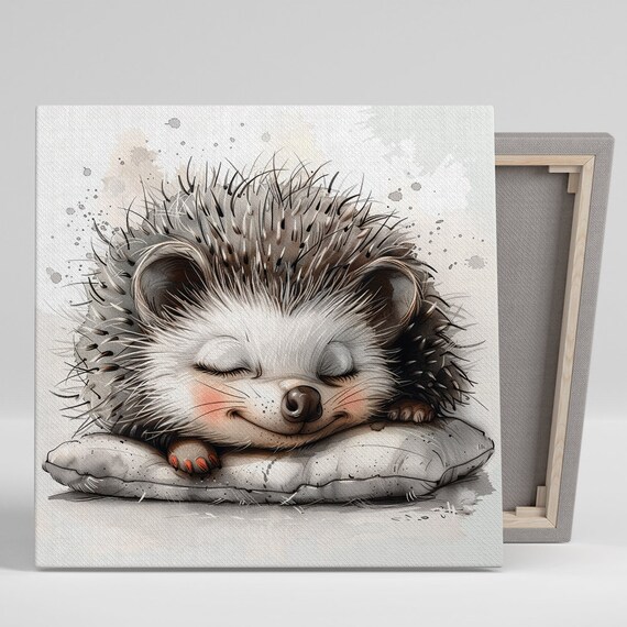 Sleepy Hedgehog Napping on Pillow Soft Watercolor Nursery Wall Art