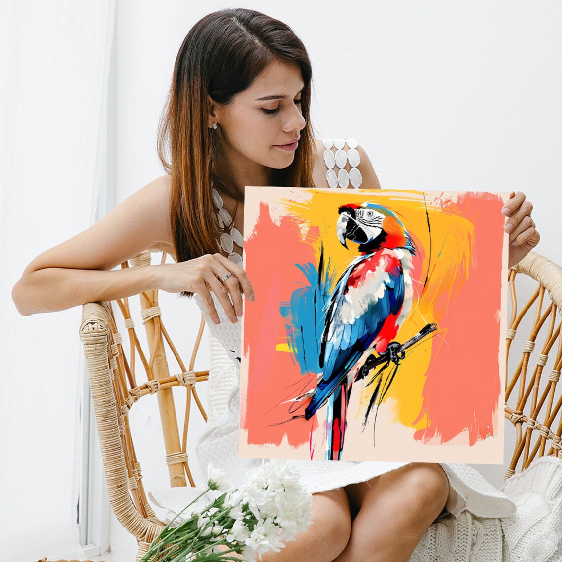 Vibrant Macaw Parrot On Branch Colorful Brush Stroke Art Poster - Image 3