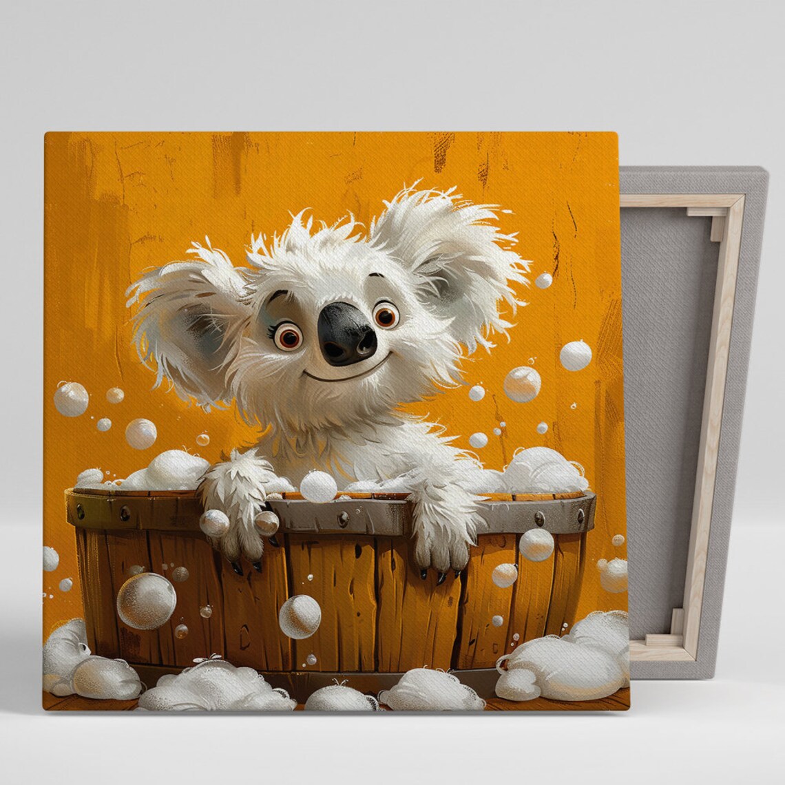 Happy Koala Bubble Bath Wooden Tub Cute Cartoon Animal Wall Poster
