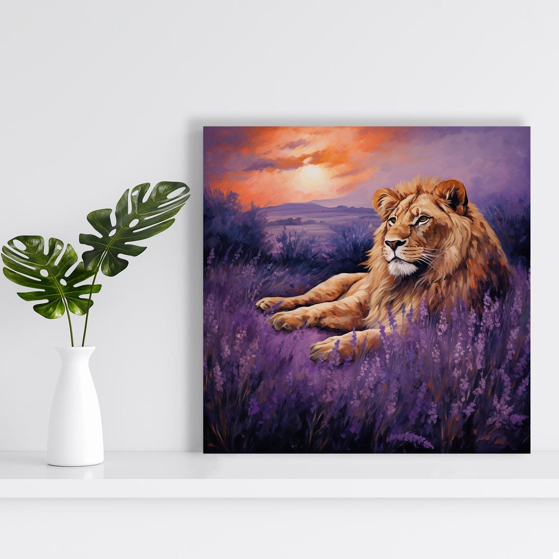 Regal Lion Resting In Lavender Field Purple Sunset Glow Nature Poster - Image 2