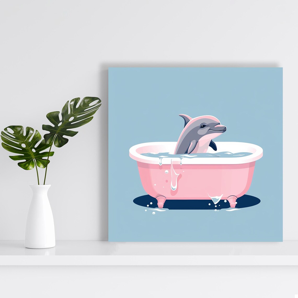 Playful Dolphin Bath Time In Pink Tub Pastel Whimsical Poster - Image 2