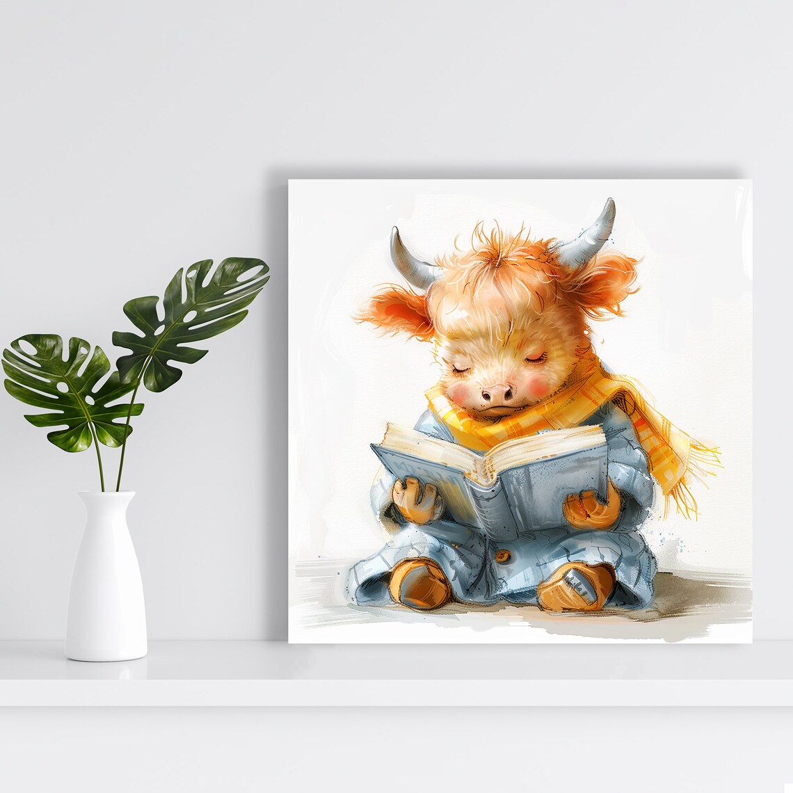 Highland Cow Reading Book Cozy Scarf Cute Farm Animal Wall Art Poster - Image 2