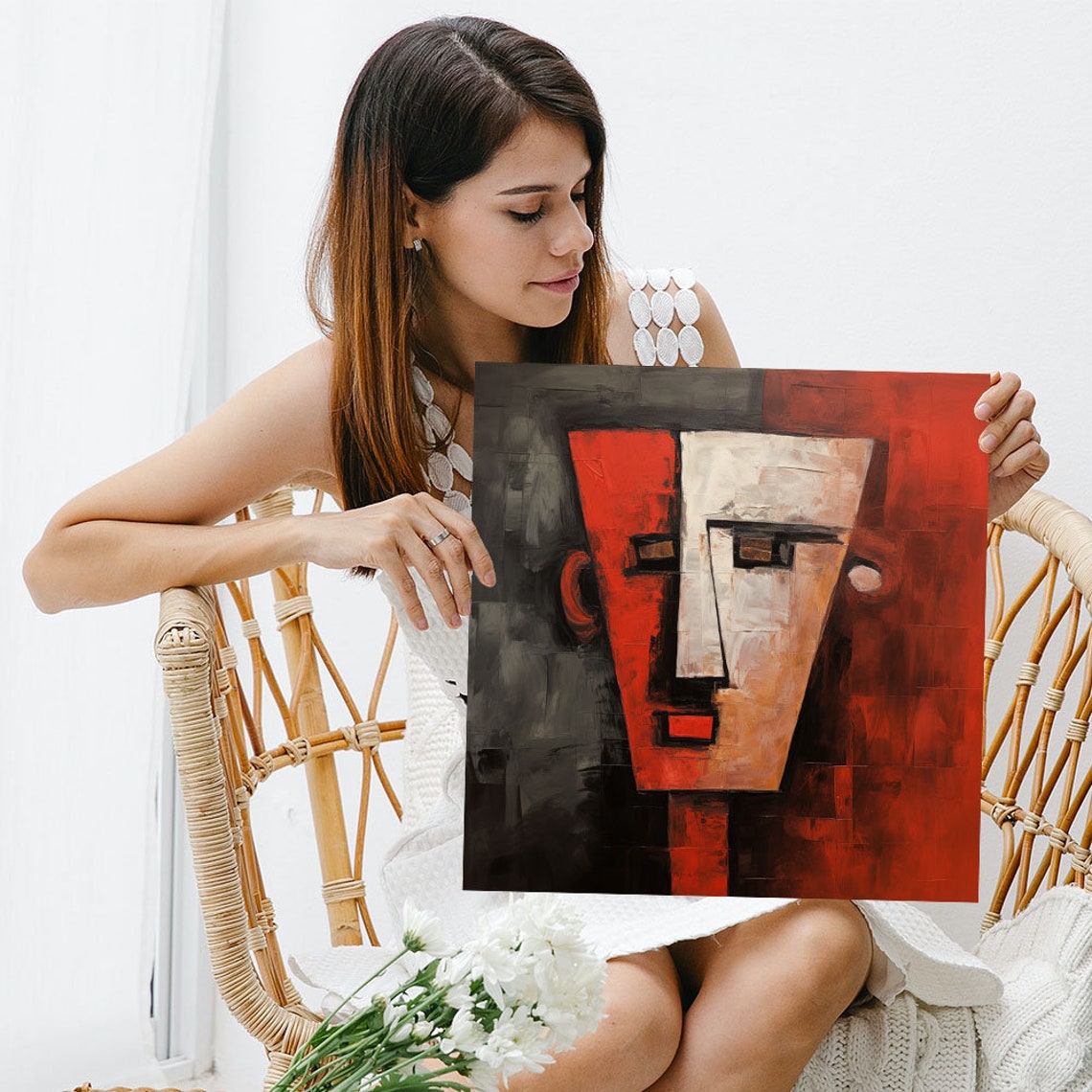 Geometric Mask Face Red White Split Cubist Abstract Modern Art Poster - Image 3