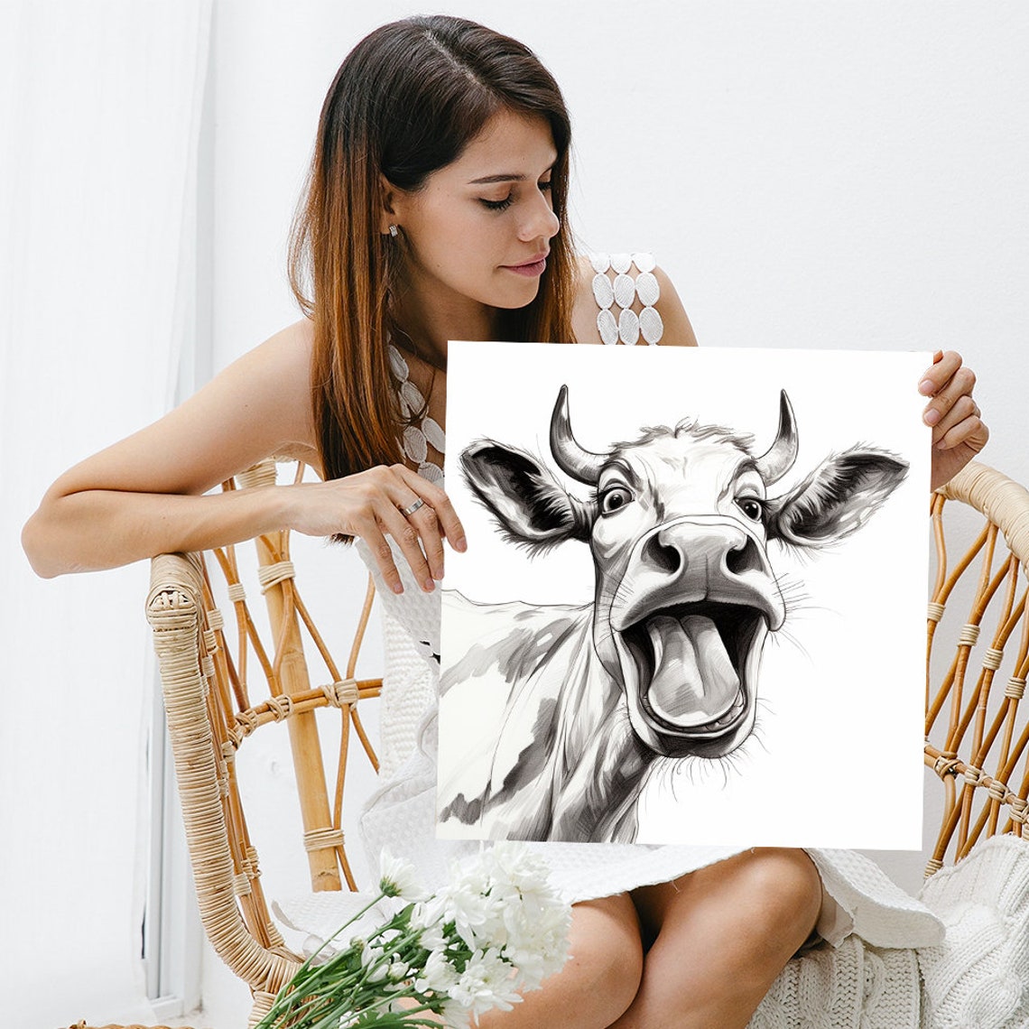 Laughing Cow Funny Face Expressive Black White Sketch Art Poster - Image 3