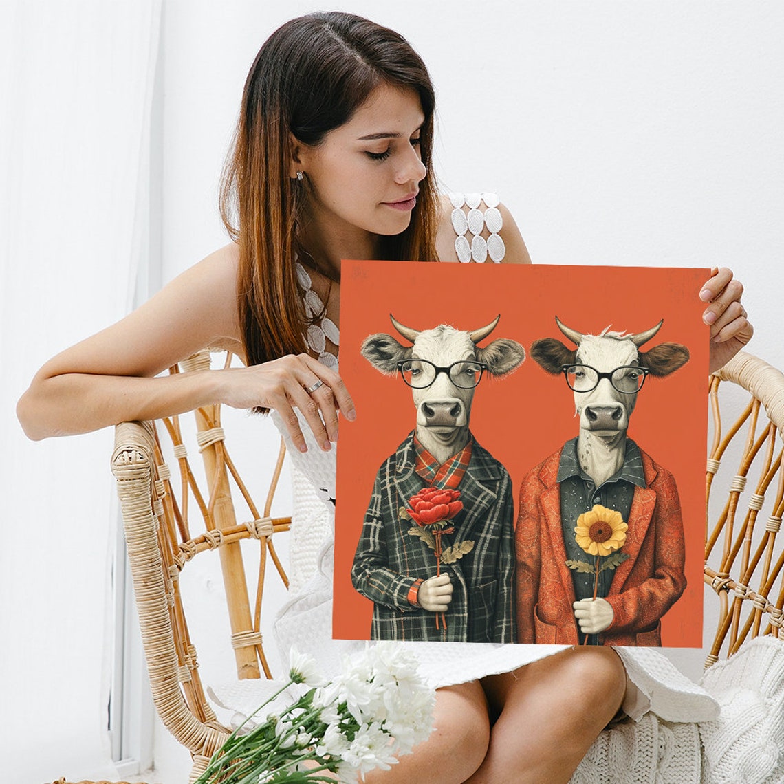 Hipster Cow Couple Glasses Blazers Holding Flowers Retro Orange Poster - Image 3