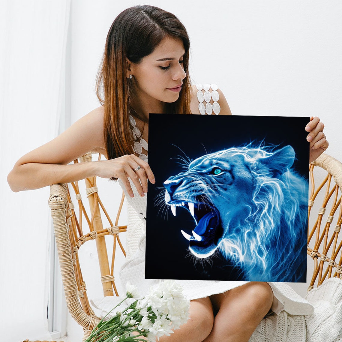 Neon Blue Roaring Lion Wild Mane Black Canvas Animal Art Poster - Image 3