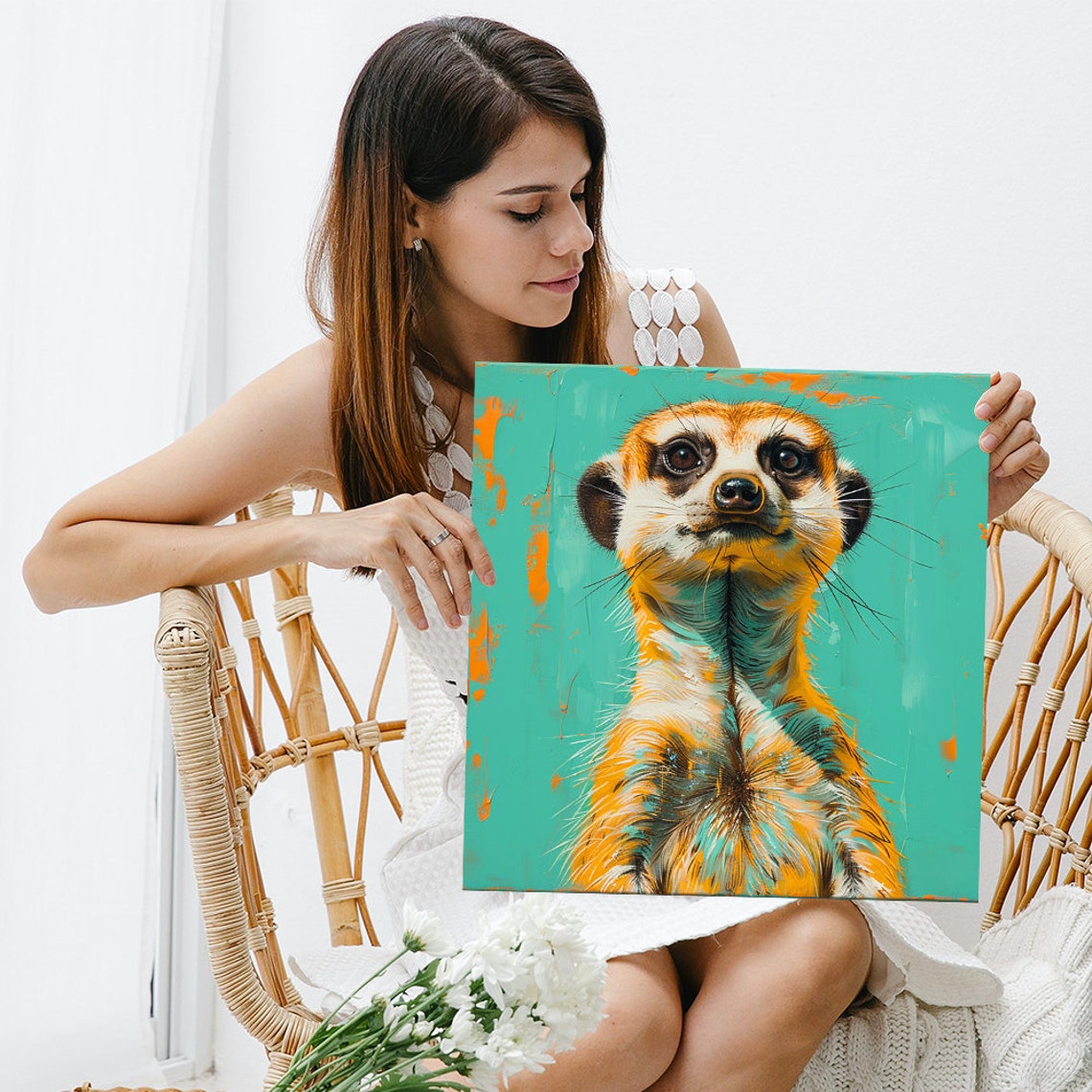 Curious Meerkat Portrait Turquoise Orange Splash Painterly Wall Poster - Image 3