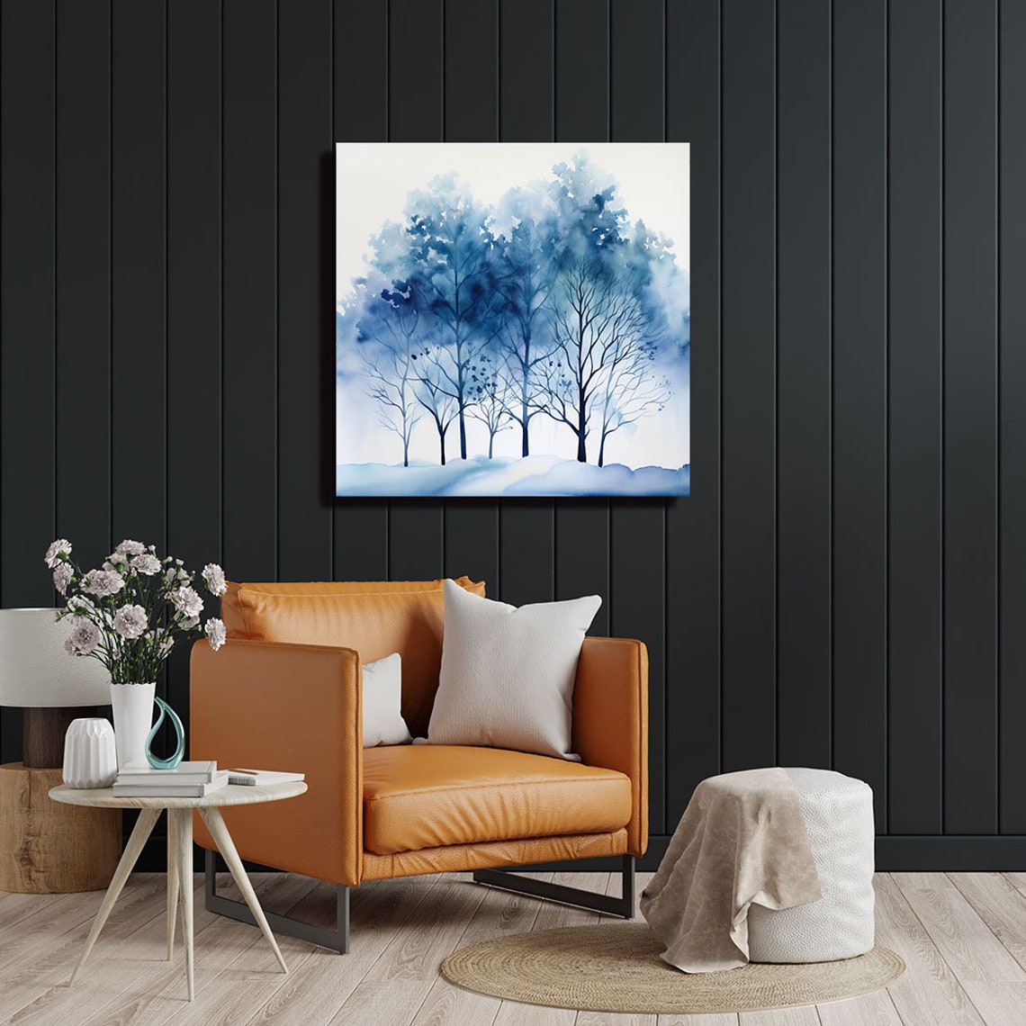 Blue Watercolor Winter Trees Misty Forest Minimalist Art Poster - Image 2