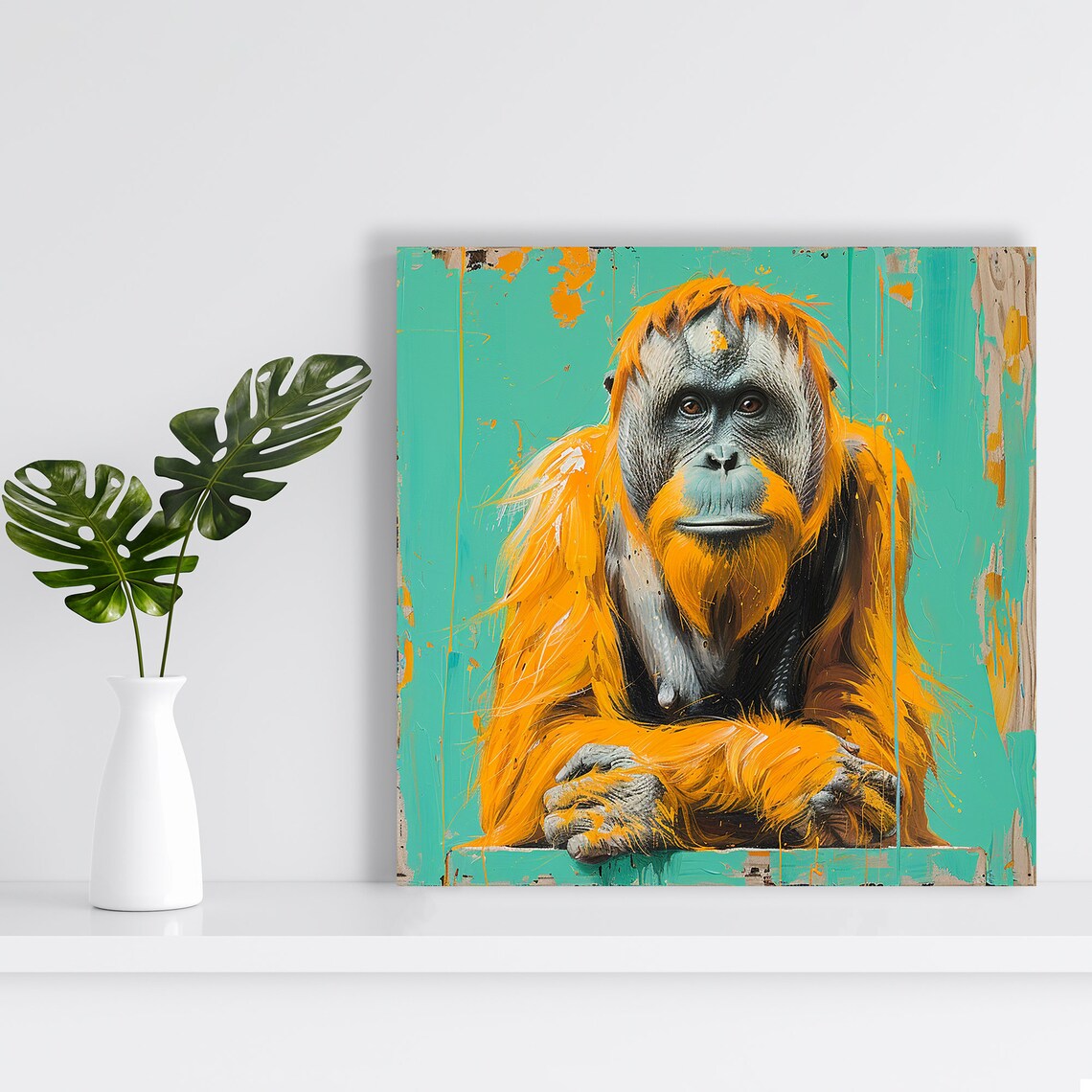 Orangutan Portrait Orange Fur on Teal Painterly Jungle Animal Poster - Image 2