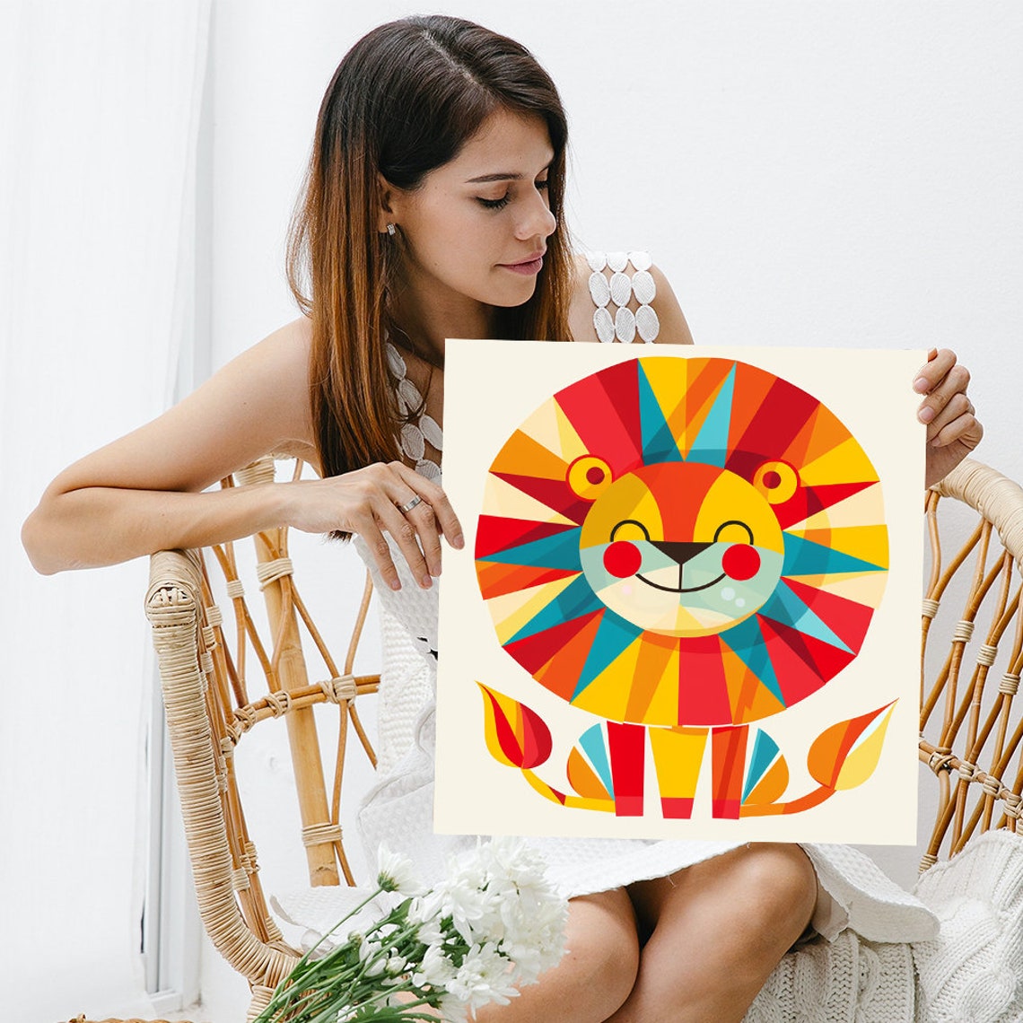 Geometric Lion Face Poster Sunburst Mane Rainbow Kids Animal Decor - Image 3