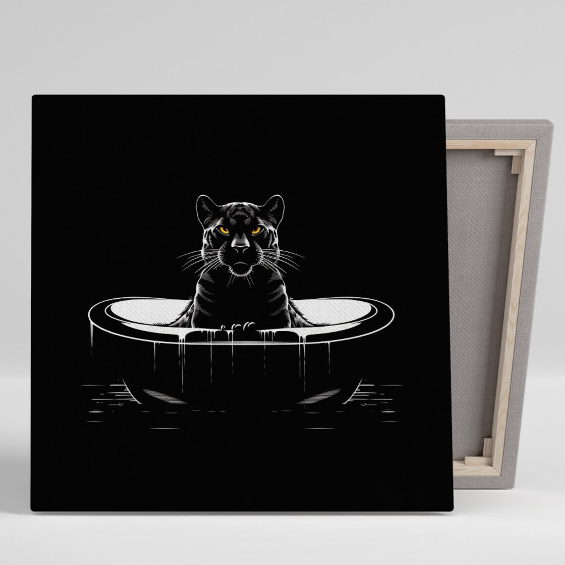 Black Panther in Bathtub Yellow Eyes Minimalist Line Art Animal Poster