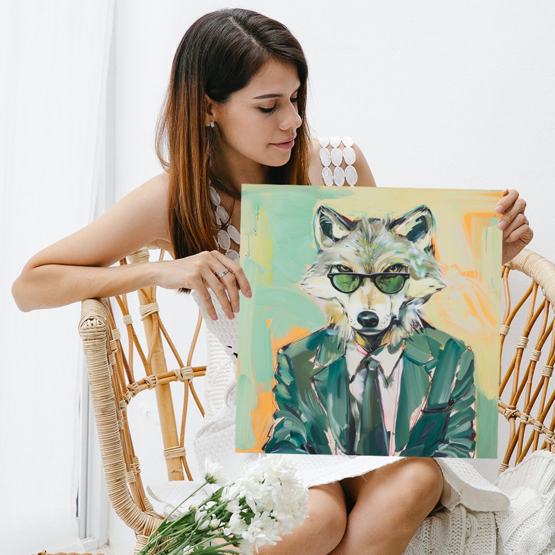 Dapper Wolf In Green Suit Tie And Black Sunglasses Funny Office Animal Poster - Image 3