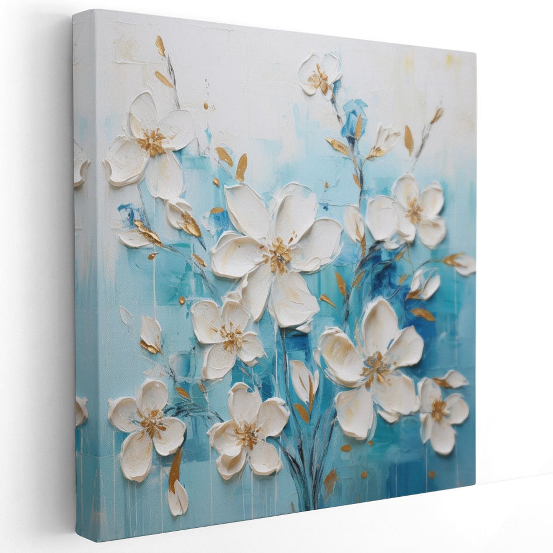 White Blossom Flowers Aqua Background Textured Impasto Floral Poster - Image 2