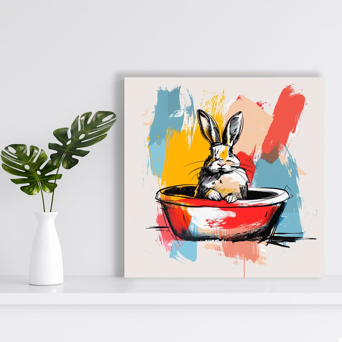 Bunny Bath Time Poster Red Basin Pop Art Whimsical Rabbit Decor - Image 2