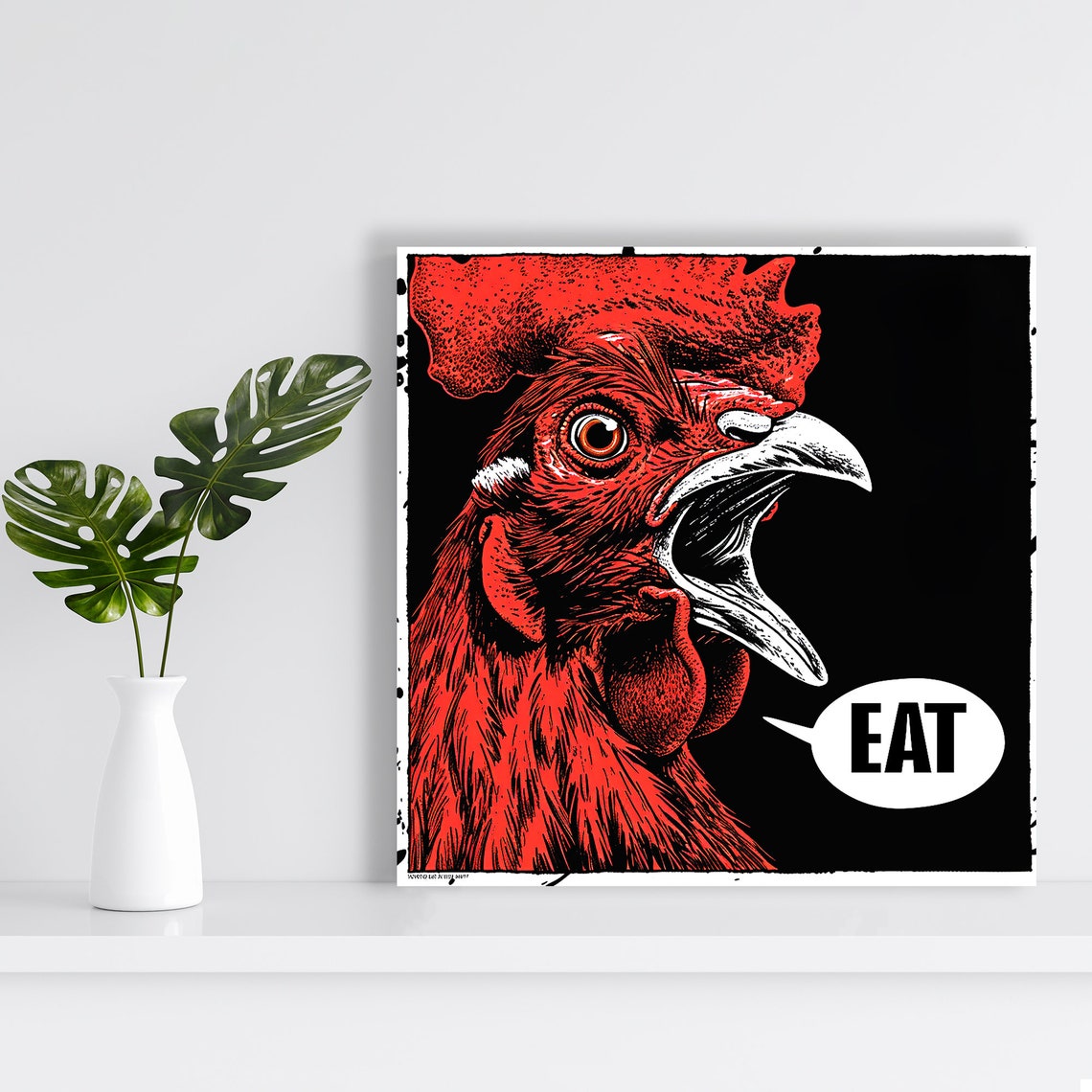 Bold Rooster Pop Art EAT Speech Bubble Red Black Kitchen Poster - Image 2