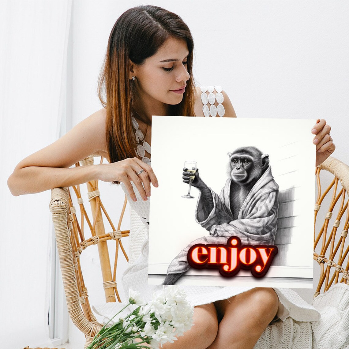 Monkey In Bathrobe Holding Wine Glass With Neon Enjoy Sign Funny Art Poster - Image 5