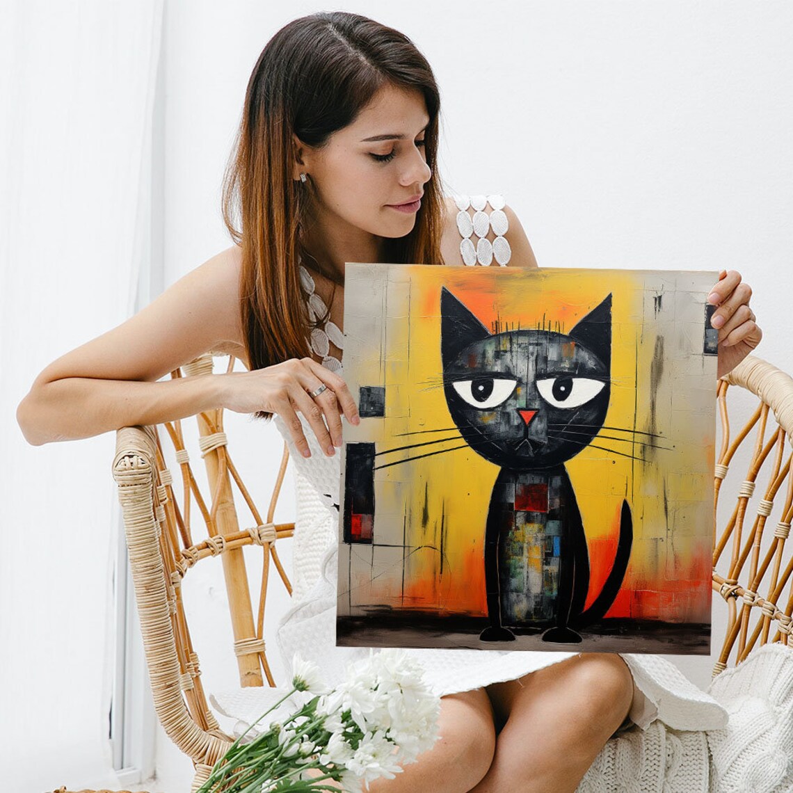 Grumpy Black Cat Long Whiskers Urban Folk Art Painting Pet Lover Poster - Image 3