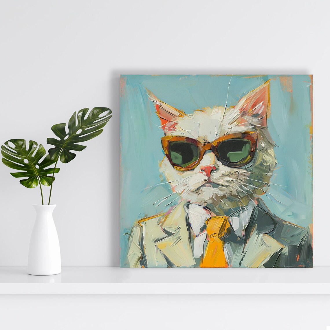 Cool Cat In Shades Tortie Sunglasses Suit Impasto Painted Wall Art Poster - Image 2