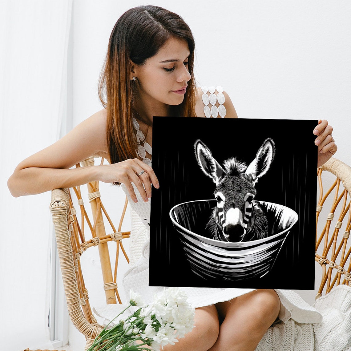 Donkey Bathtub Monochrome Black White Dramatic Illustration Poster - Image 3