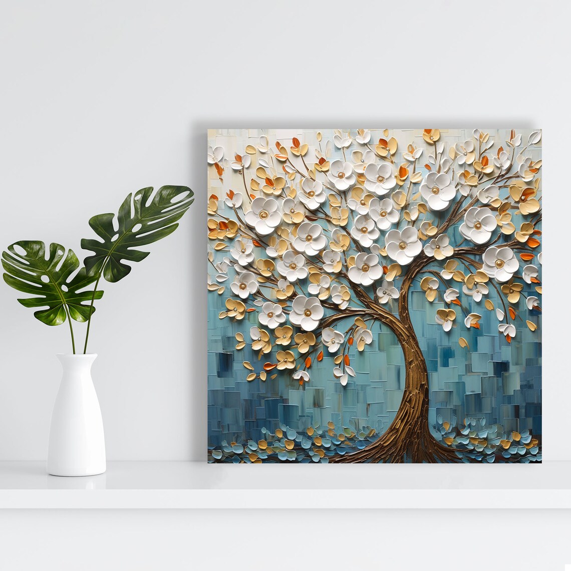White Blossom Tree Of Life Gold Blue Impasto Textured Art Poster - Image 3