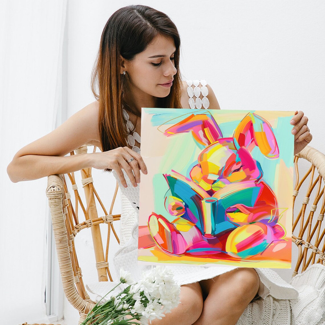 Colorful Abstract Rabbit Reading A Book Bright Brushstrokes Nursery Poster - Image 3