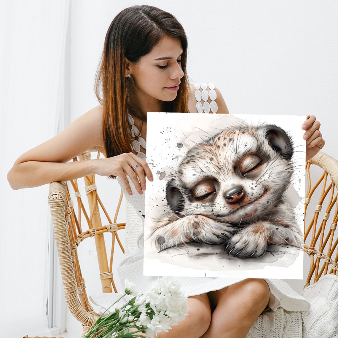 Sleeping Sloth Face Close Up Watercolor Gentle Nursery Wall Poster - Image 3