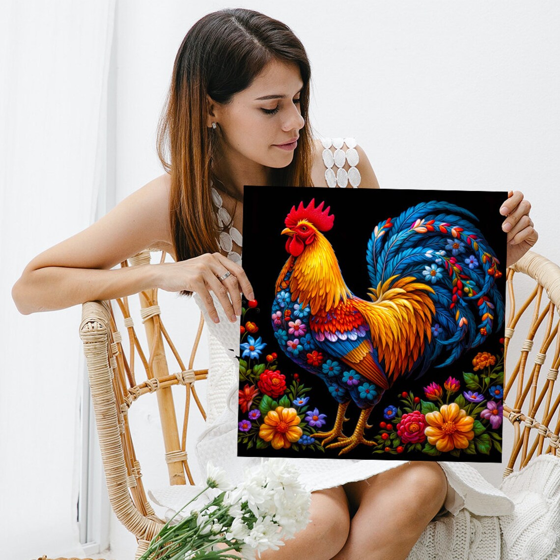 Colorful Rooster Folk Art With Blooming Flowers Black Poster - Image 3