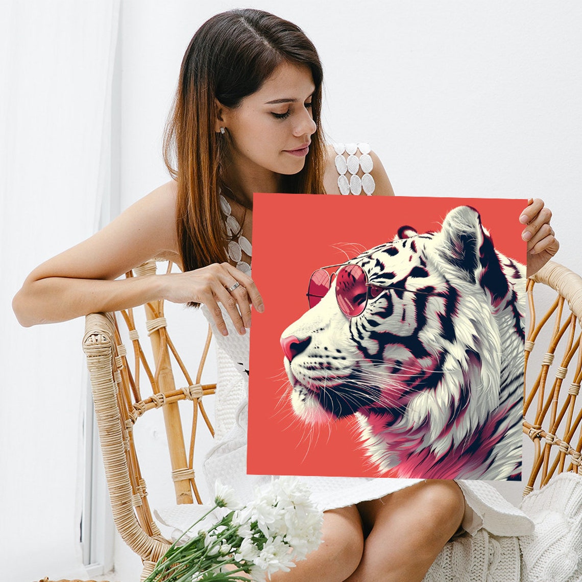 White Tiger Pink Sunglasses Pop Art Portrait Red Background Poster - Image 3