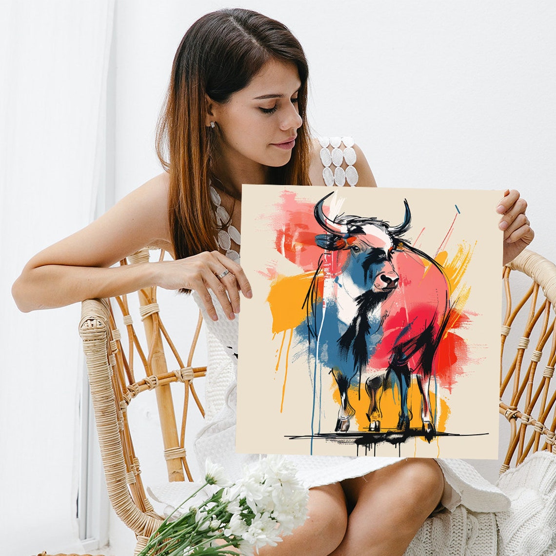 Vibrant Abstract Highland Cow Watercolor Splash Art Wall Poster - Image 3