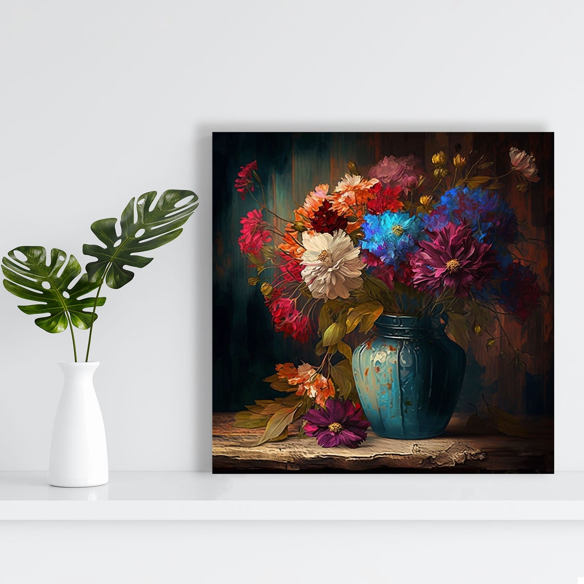 Pink Blue Cosmos Cornflower Bouquet Vintage Blue Vase Floral Poster - Image 2