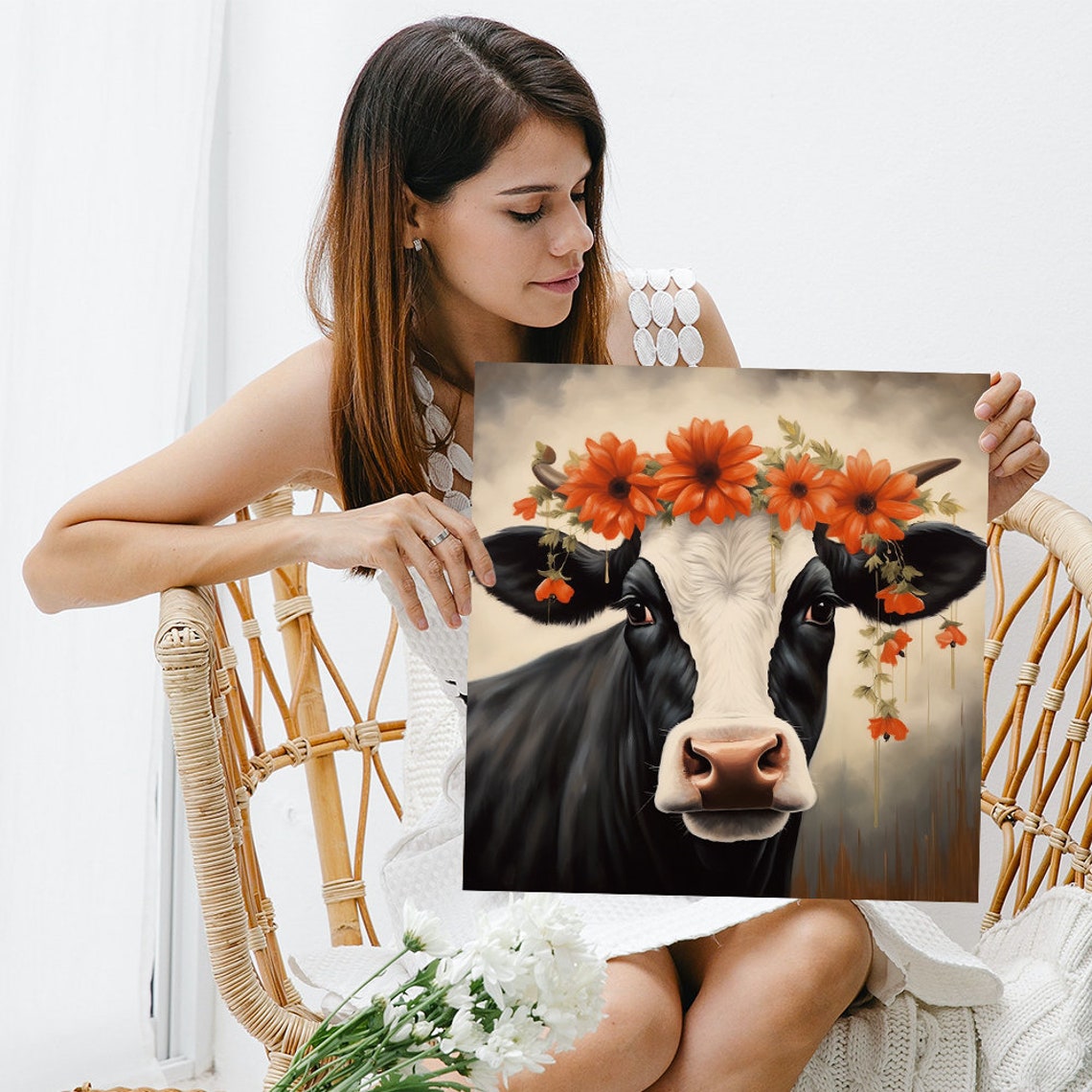 Black and White Cow Orange Flower Crown Rustic Farmhouse Poster - Image 3