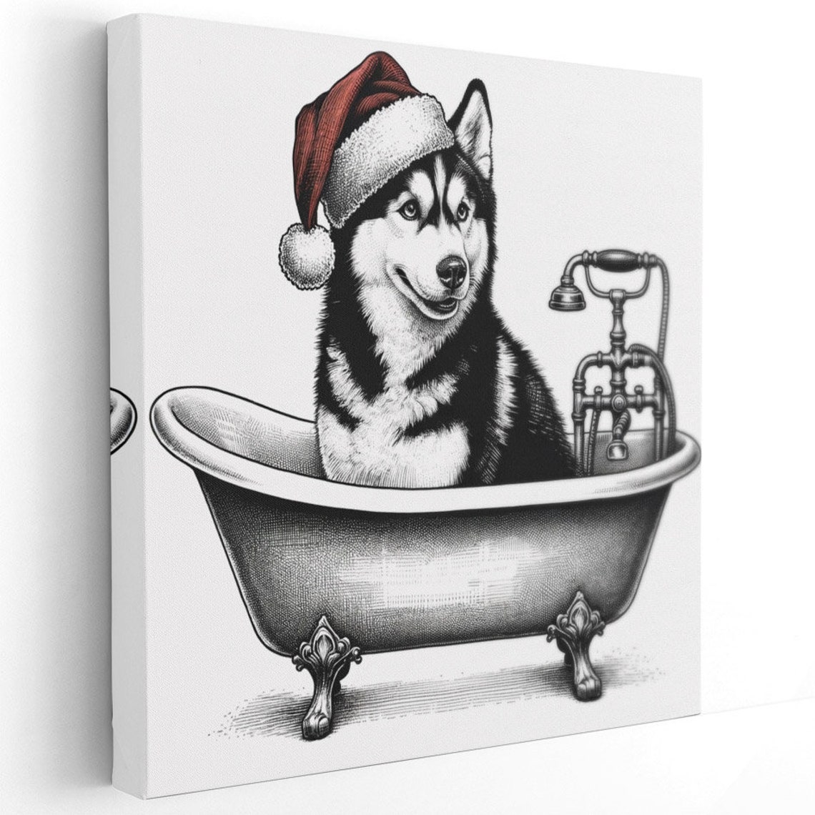 Husky Santa Hat Vintage Bathtub Christmas Dog Sketch Wall Poster - Image 2