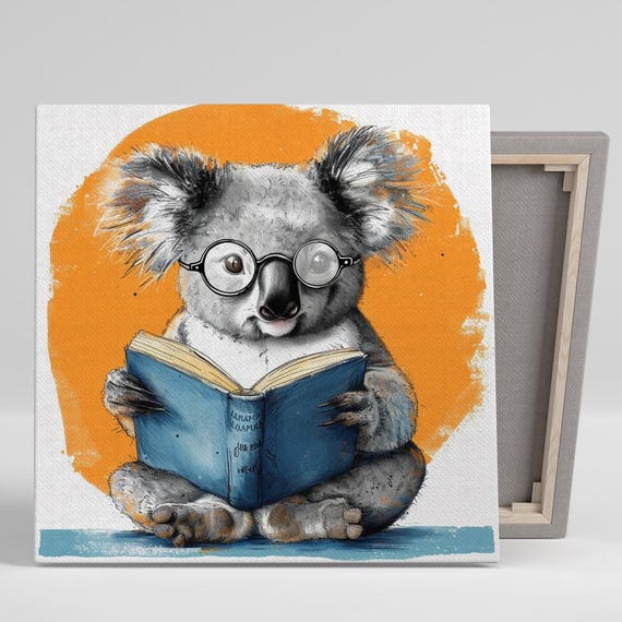 Koala Wall Art Or Poster Whimsical Contemporary Decor Office Library Childrens Room Wall Art Grey Orange Blue Unique Design
