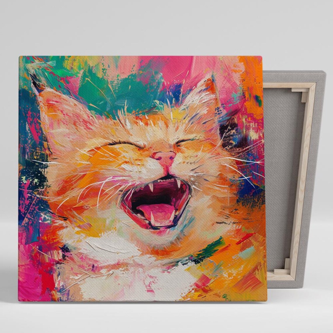 Yawning Cat Expressive Colorful Abstract Painting Joyful Feline Art Poster