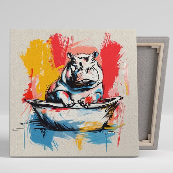 Hippo Relaxing In Bathtub Sketchy Pop Art Red Blue Yellow Art Poster