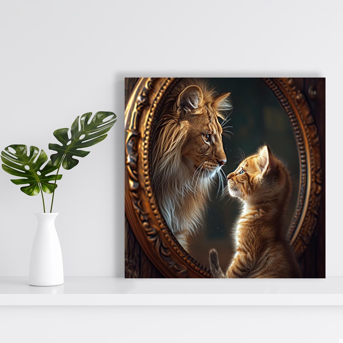 Whimsical Kitten Seeing Lion Reflection In Antique Gold Mirror Art Poster - Image 2