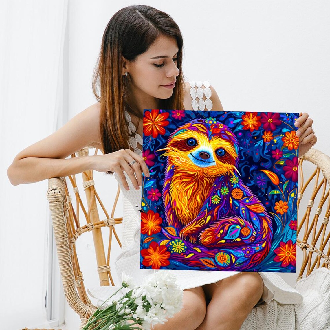 Psychedelic Sloth With Colorful Flowers Vibrant Blue Floral Fantasy Poster - Image 3