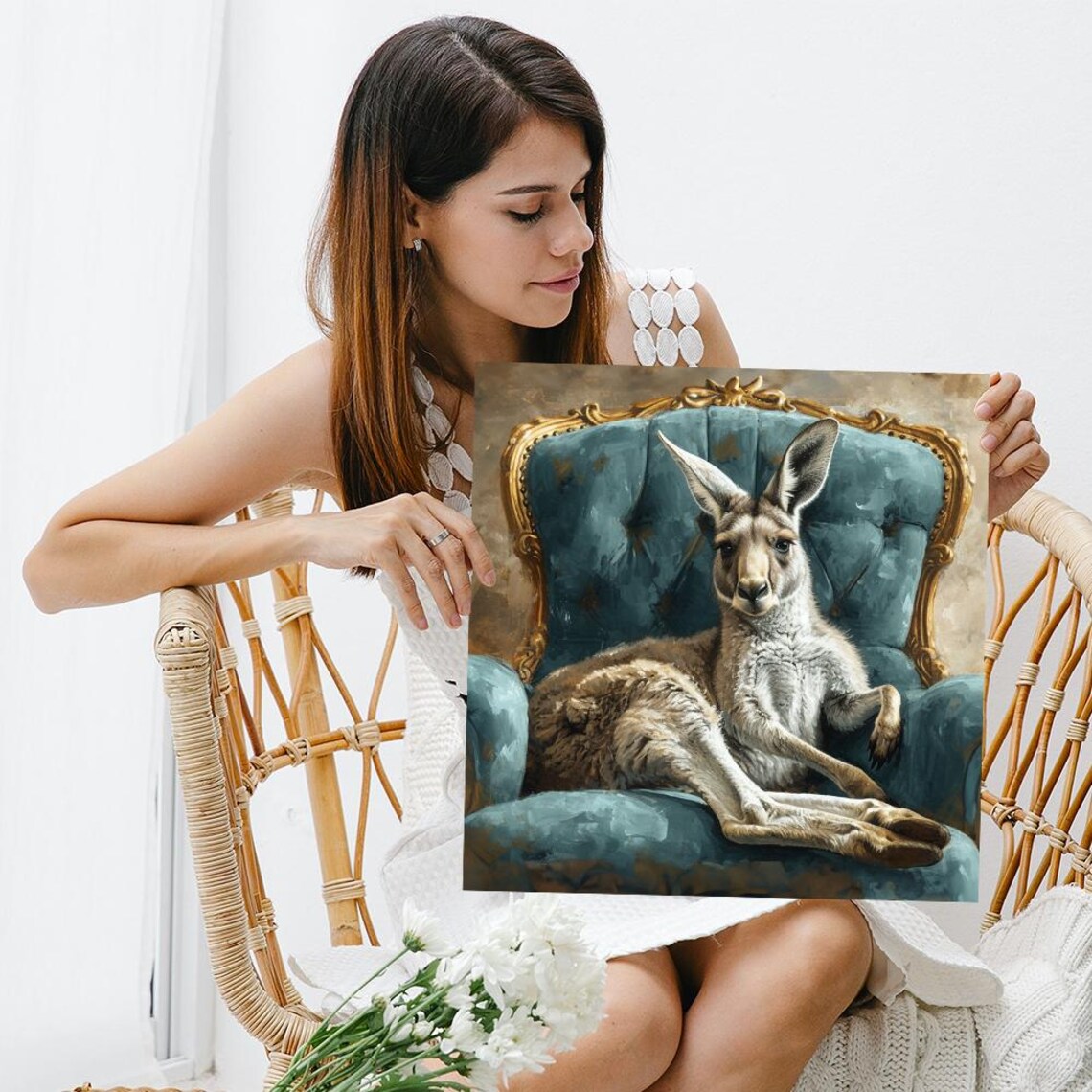 Kangaroo Lounging In Teal Victorian Armchair Painterly Art Poster - Image 3