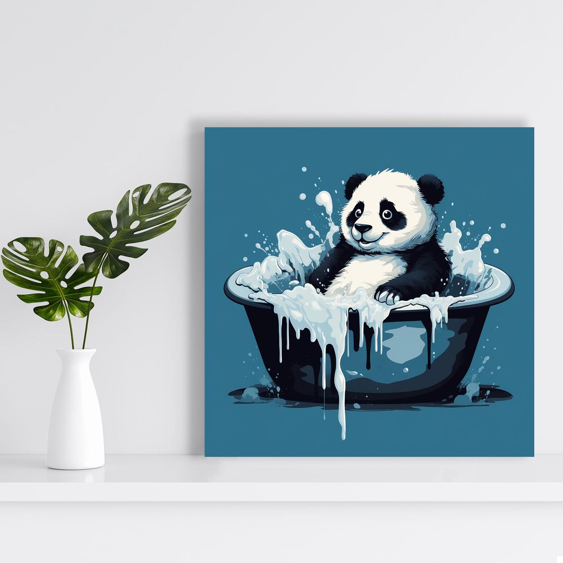 Splashing Panda Baby Bath Time Teal Background Cute Animal Art Poster - Image 2