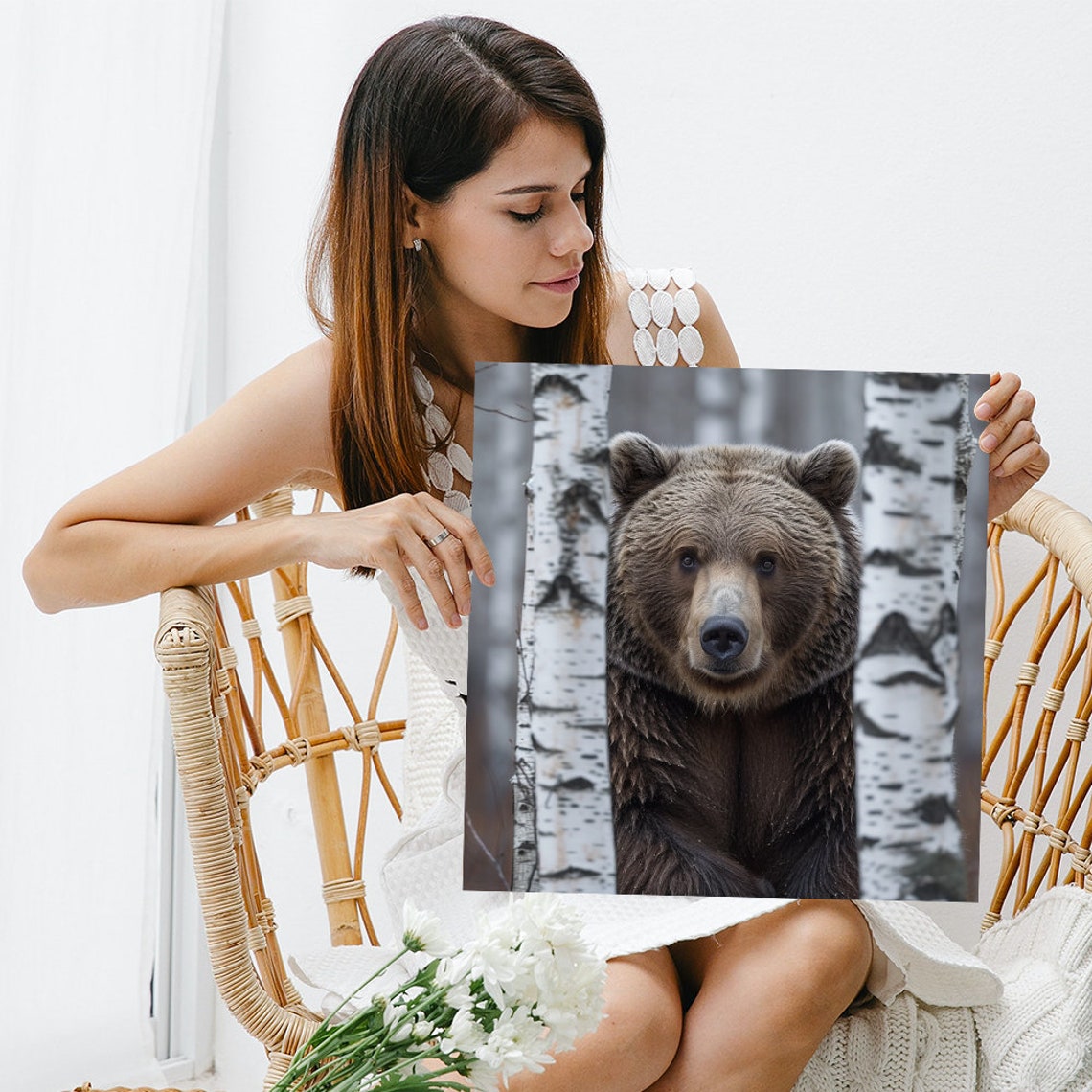 Brown Bear Standing Between Birch Trees Wildlife Photo Poster - Image 3