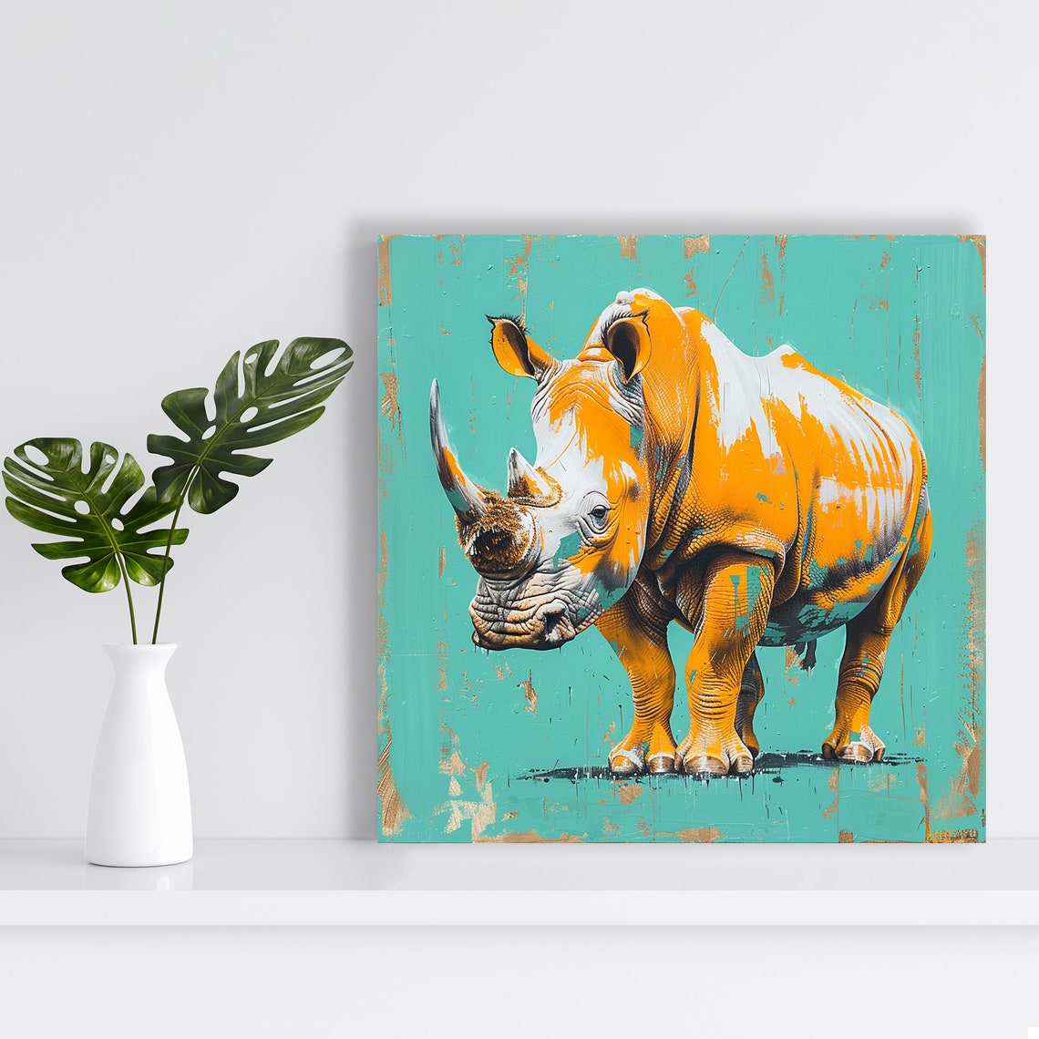 Orange Rhino on Teal Distressed Background Bold Animal Poster - Image 2