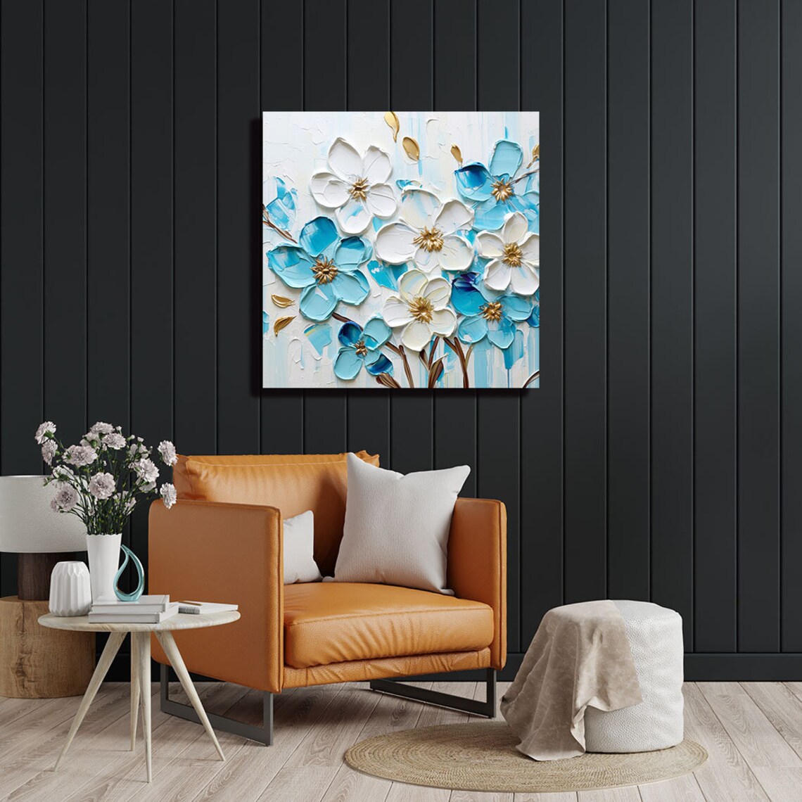 White And Blue Flower Art Print, Golden Blooms - Image 4