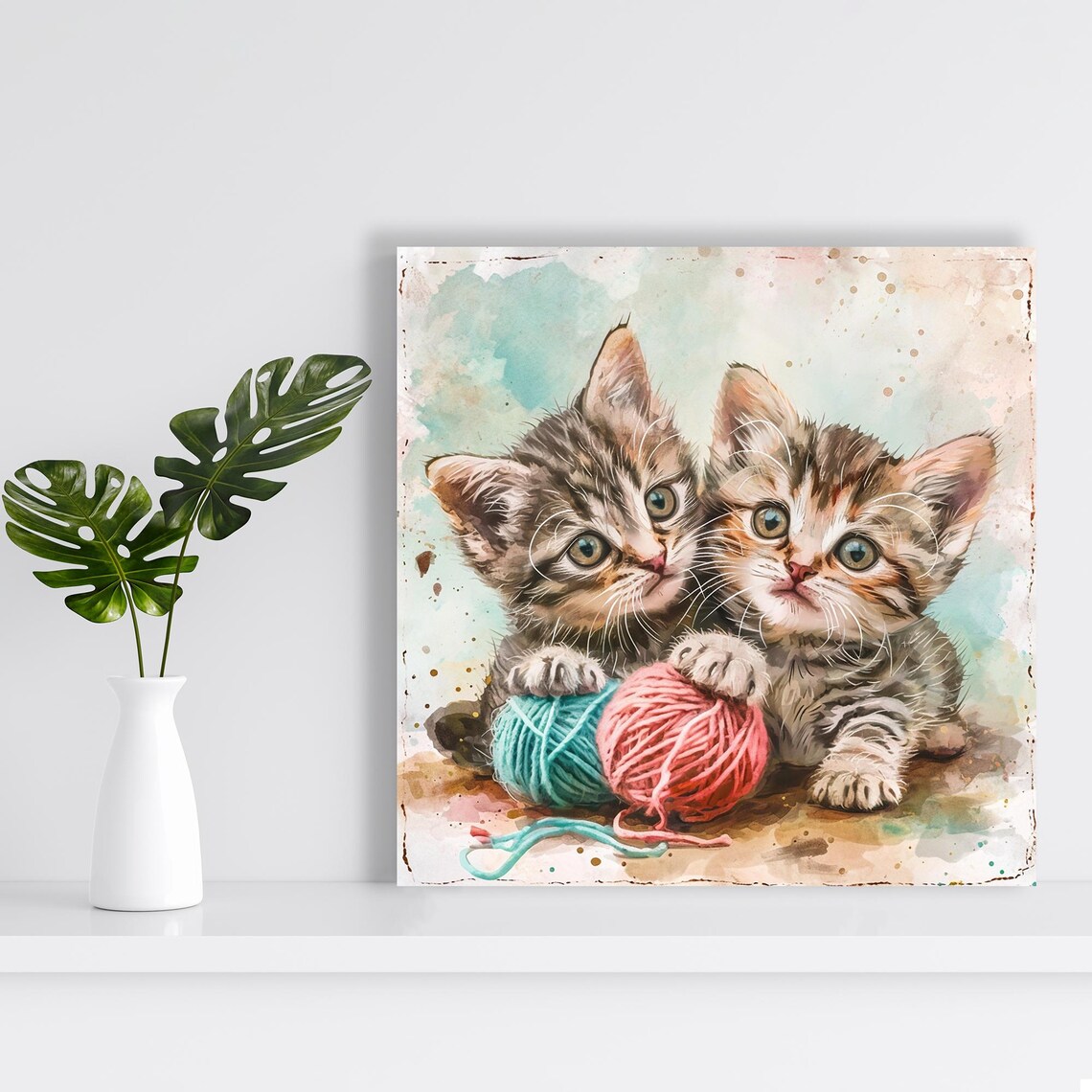 Two Tabby Kittens Playing Yarn Balls Sweet Watercolor Nursery Cat Poster - Image 2
