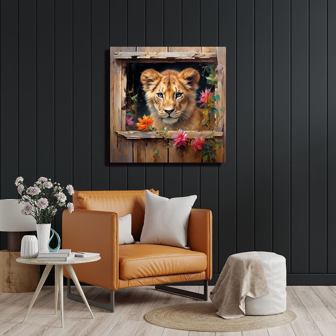 Baby Lion Cub Peeking From Window Cute Floral Nursery Canvas Poster - Image 3