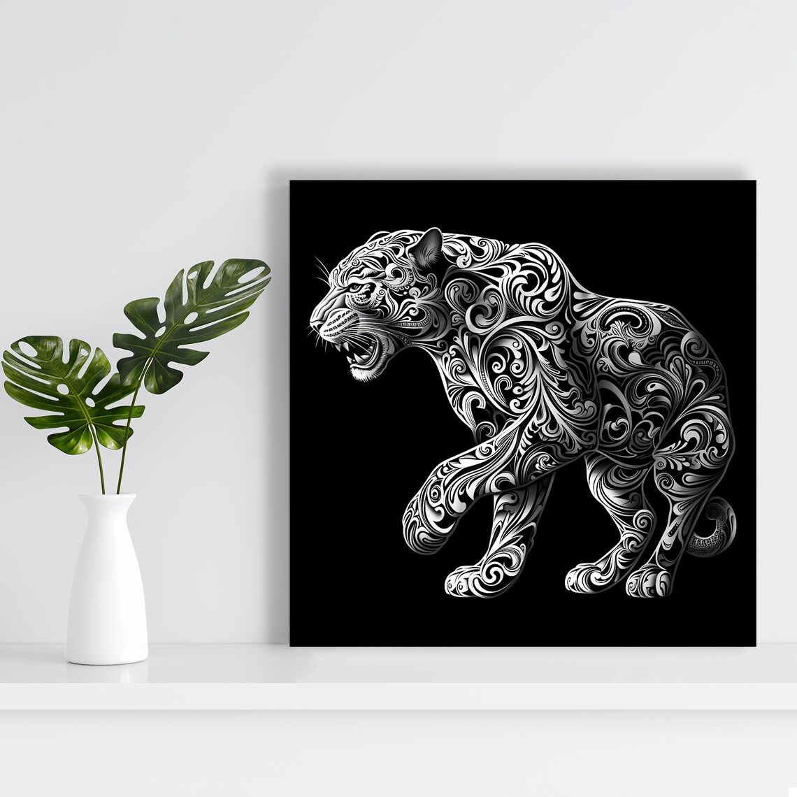 Ornamental Black Panther Tribal Filigree on Black Art Poster - Image 2