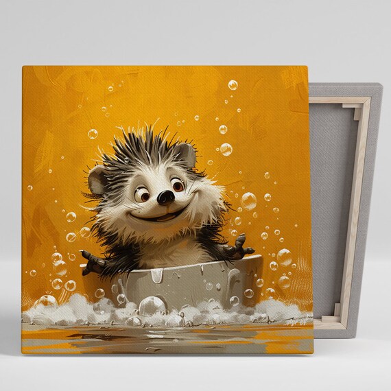 Smiling Hedgehog Bubble Bath Fun Orange Kids Bathroom Art Poster